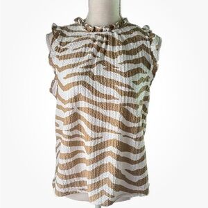 NWT LOFT Tan White Zebra Print Ruffle Sleeveless Round Ruffle Neck Size MP